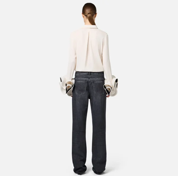 Elisabetta Franchi Jeans^Jeans a gamba larga in cotone organico con bande in raso Blackdenim