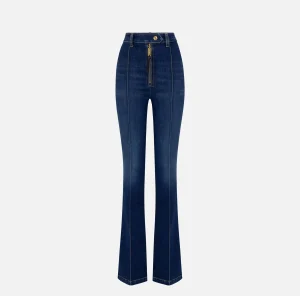 Elisabetta Franchi Jeans^Jeans a zampa in cotone stretch con nervature Bluedenim