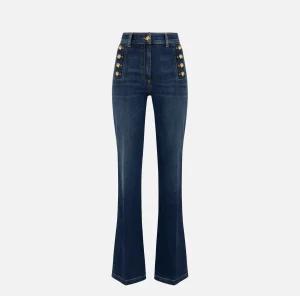 Elisabetta Franchi Jeans^Jeans a zampa in cotone stretch con bottoniera laterale Bluedenim
