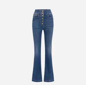 Elisabetta Franchi Jeans^Jeans a zampa in cotone stretch con bottoniera centrale Bluedenim