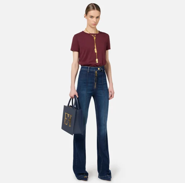 Elisabetta Franchi Jeans^Jeans a zampa in cotone stretch con nervature Bluedenim