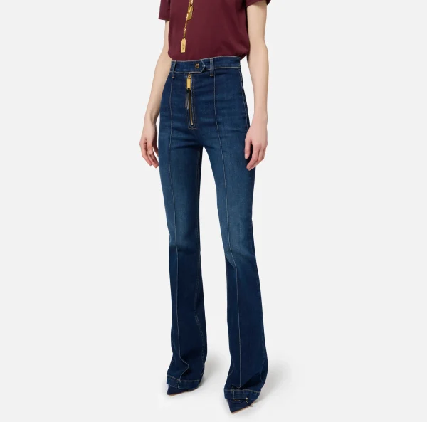 Elisabetta Franchi Jeans^Jeans a zampa in cotone stretch con nervature Bluedenim