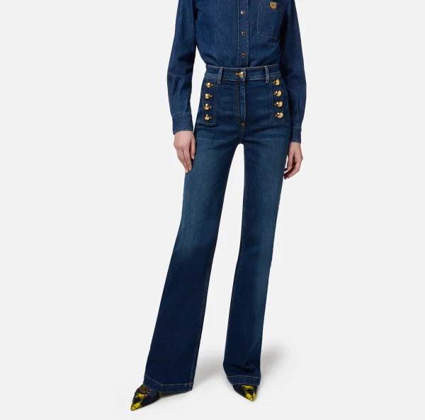 Elisabetta Franchi Jeans^Jeans a zampa in cotone stretch con bottoniera laterale Bluedenim