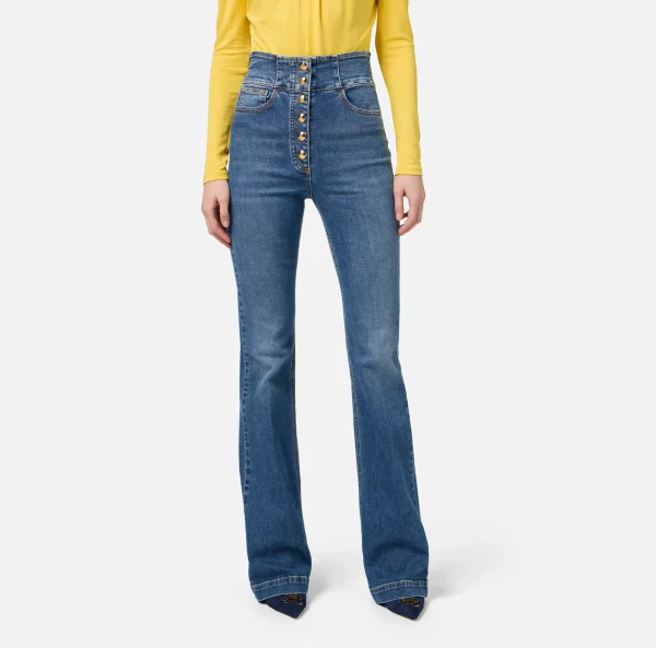Elisabetta Franchi Jeans^Jeans a zampa in cotone stretch con bottoniera centrale Bluedenim