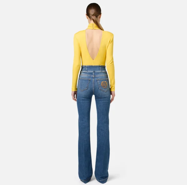 Elisabetta Franchi Jeans^Jeans a zampa in cotone stretch con bottoniera centrale Bluedenim