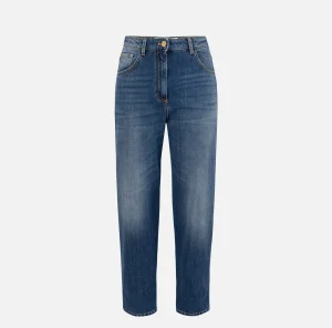 Elisabetta Franchi Jeans^Jeans boyfriend in cotone stretch con risvolto Bluedenim