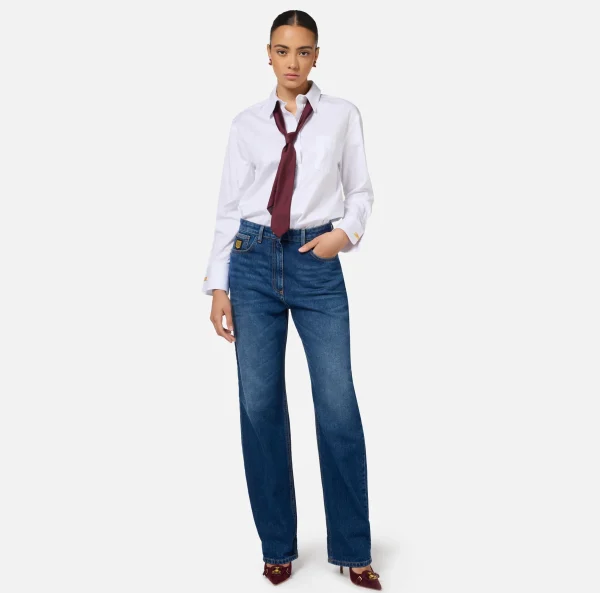 Elisabetta Franchi Jeans^Jeans boyfriend in cotone con placca oro Bluedenim