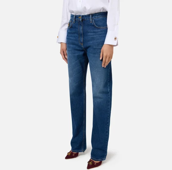 Elisabetta Franchi Jeans^Jeans boyfriend in cotone con placca oro Bluedenim