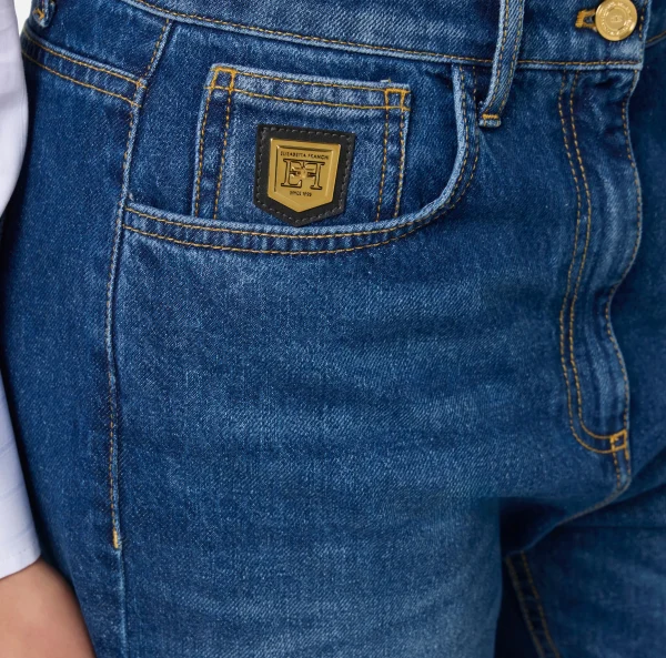 Elisabetta Franchi Jeans^Jeans boyfriend in cotone con placca oro Bluedenim
