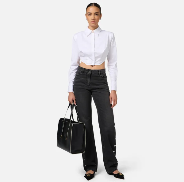Elisabetta Franchi Jeans^Jeans dritto in cotone con bottoni sui fianchi Blackdenim