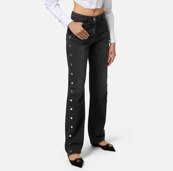 Elisabetta Franchi Jeans^Jeans dritto in cotone con bottoni sui fianchi Blackdenim