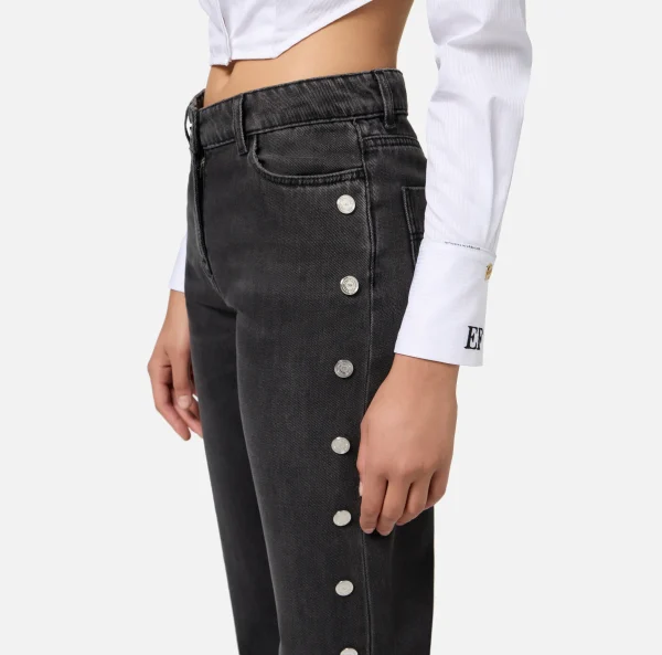 Elisabetta Franchi Jeans^Jeans dritto in cotone con bottoni sui fianchi Blackdenim