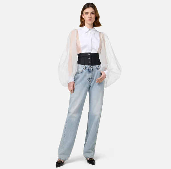 Elisabetta Franchi Jeans^Jeans dritto in cotone organico con corsetto in neoprene Lightdenim