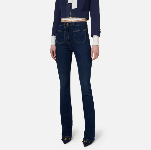 Elisabetta Franchi Jeans^Jeans dritto in cotone stretch con placche logo Bluedenim