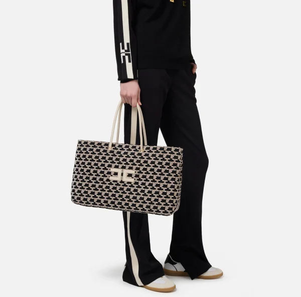 Elisabetta Franchi Borse A Spalla^Madame Monogram Shopper Con Logo Nero/Burro