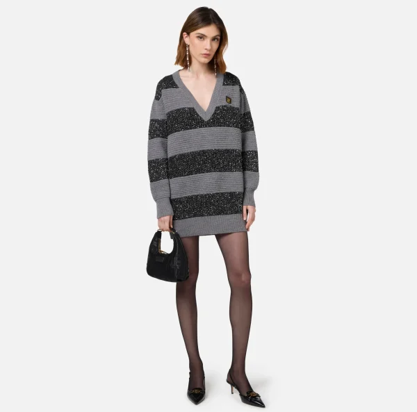 Elisabetta Franchi Mini Abiti | Abiti In Maglia^Maglia a righe in lana con filo paillettes SteelMelange/Silver