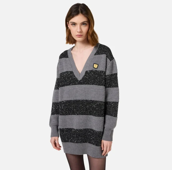 Elisabetta Franchi Mini Abiti | Abiti In Maglia^Maglia a righe in lana con filo paillettes SteelMelange/Silver