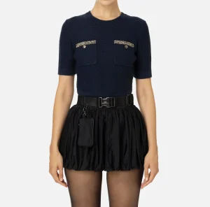 Elisabetta Franchi Maglieria E Felpe^Maglia cropped in lana bouclé con ricamo Navy