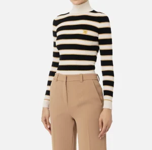 Elisabetta Franchi Maglieria E Felpe^Maglia cropped in viscosa lurex a righe Burro/Nero