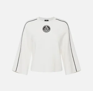 Elisabetta Franchi Maglieria E Felpe^Maglia cropped in viscosa con patch logo Avorio/Nero