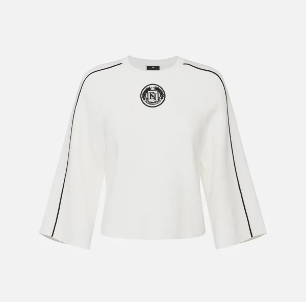 Elisabetta Franchi Maglieria E Felpe^Maglia cropped in viscosa con patch logo Avorio/Nero