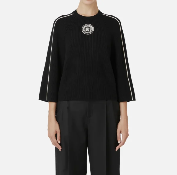 Elisabetta Franchi Maglieria E Felpe^Maglia cropped in viscosa con patch logo Nero/Burro