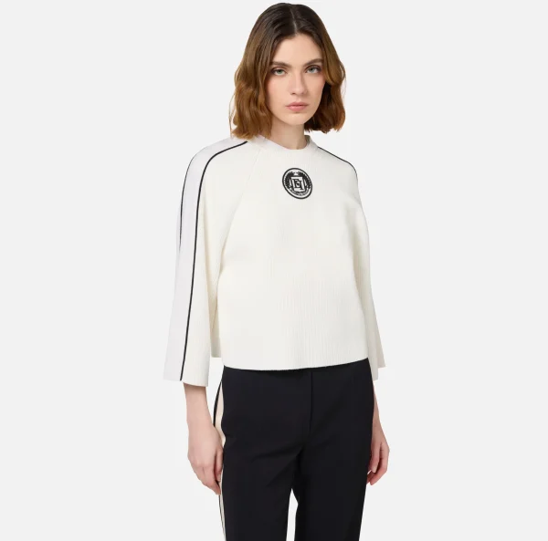 Elisabetta Franchi Maglieria E Felpe^Maglia cropped in viscosa con patch logo Avorio/Nero