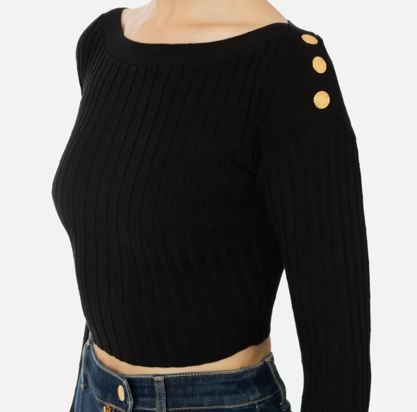 Elisabetta Franchi Maglieria E Felpe^Maglia cropped in viscosa a coste con bottoniera Nero