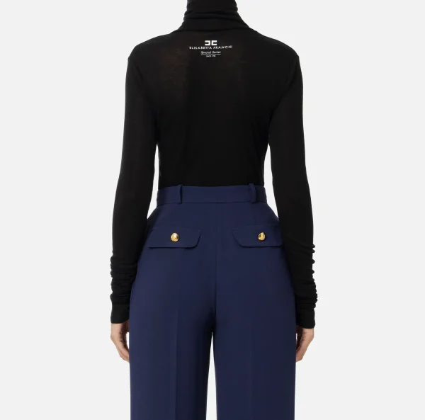 Elisabetta Franchi Top, T-Shirt & Body^Maglia dolcevita in jersey e lana con logo Nero