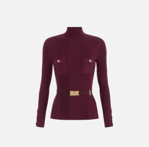 Elisabetta Franchi Maglieria E Felpe^Maglia dolcevita in lyocell e seta a costine con ricamo logo RougeNoir