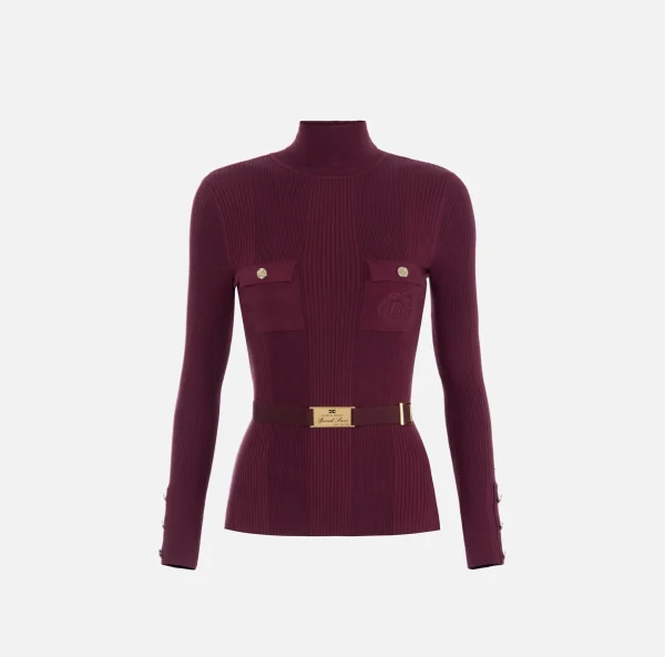 Elisabetta Franchi Maglieria E Felpe^Maglia dolcevita in lyocell e seta a costine con ricamo logo RougeNoir