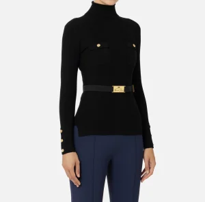 Elisabetta Franchi Maglieria E Felpe^Maglia dolcevita in lyocell e seta a costine con ricamo logo Nero
