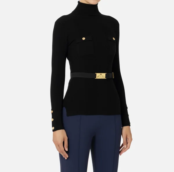 Elisabetta Franchi Maglieria E Felpe^Maglia dolcevita in lyocell e seta a costine con ricamo logo Nero