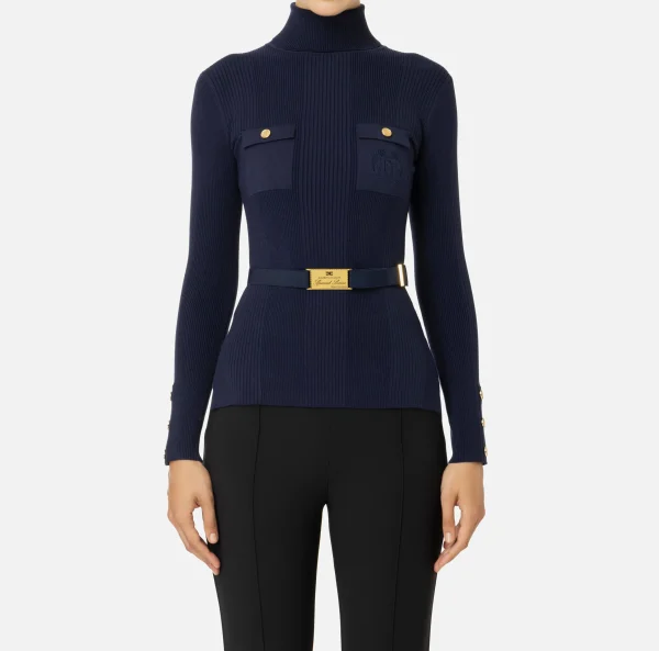 Elisabetta Franchi Maglieria E Felpe^Maglia dolcevita in lyocell e seta a costine con ricamo logo Navy