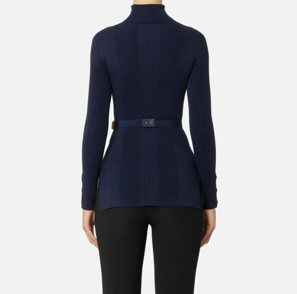 Elisabetta Franchi Maglieria E Felpe^Maglia dolcevita in lyocell e seta a costine con ricamo logo Navy