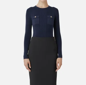 Elisabetta Franchi Maglieria E Felpe^Maglia girocollo in lyocell e seta a costine con ricamo logo Navy