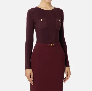 Elisabetta Franchi Maglieria E Felpe^Maglia girocollo in lyocell e seta a costine con ricamo logo RougeNoir