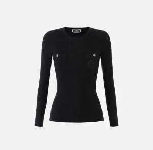 Elisabetta Franchi Maglieria E Felpe^Maglia girocollo in lyocell e seta a costine con ricamo logo Nero