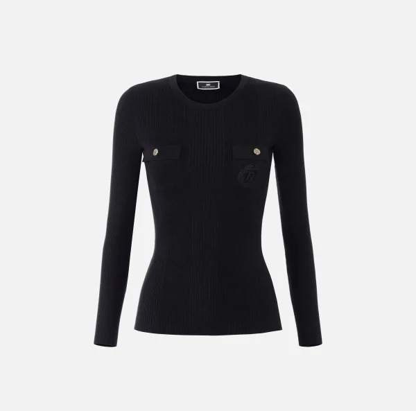 Elisabetta Franchi Maglieria E Felpe^Maglia girocollo in lyocell e seta a costine con ricamo logo Nero