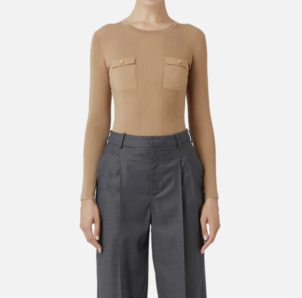 Elisabetta Franchi Maglieria E Felpe^Maglia girocollo in lyocell e seta a costine con ricamo logo Camel
