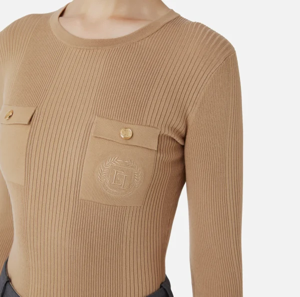 Elisabetta Franchi Maglieria E Felpe^Maglia girocollo in lyocell e seta a costine con ricamo logo Camel