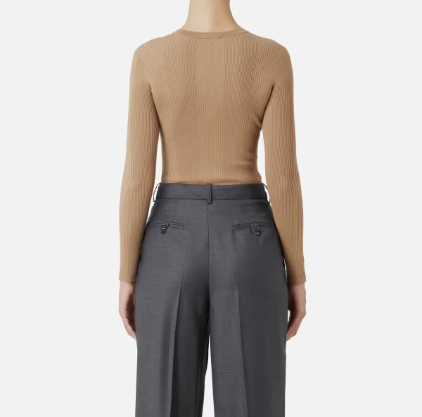 Elisabetta Franchi Maglieria E Felpe^Maglia girocollo in lyocell e seta a costine con ricamo logo Camel