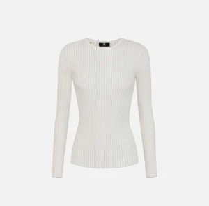 Elisabetta Franchi Maglieria E Felpe^Maglia girocollo in viscosa e lurex a costine Avorio