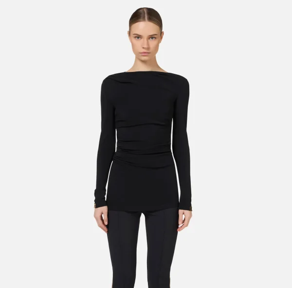 Elisabetta Franchi Top, T-Shirt & Body^Maglia in jersey con drappeggio Nero