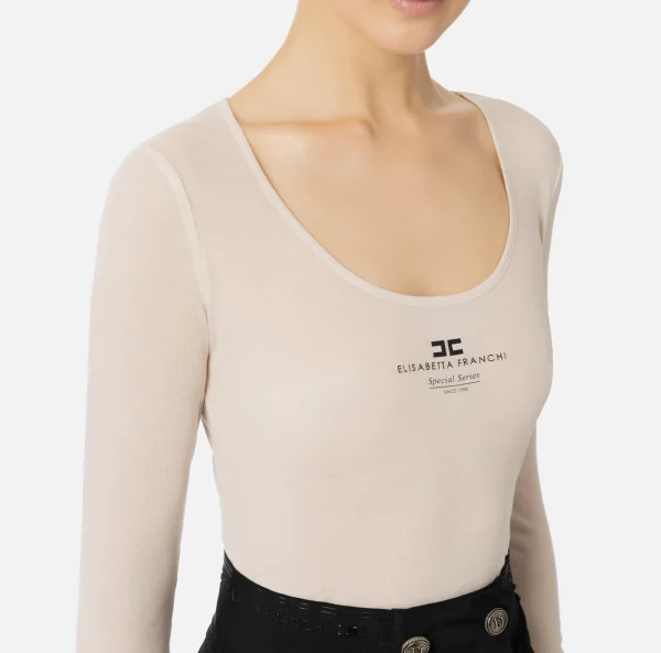 Elisabetta Franchi Top, T-Shirt & Body^Maglia in jersey e lana con logo Lattice