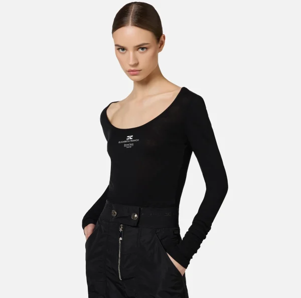Elisabetta Franchi Top, T-Shirt & Body^Maglia in jersey e lana con logo Nero