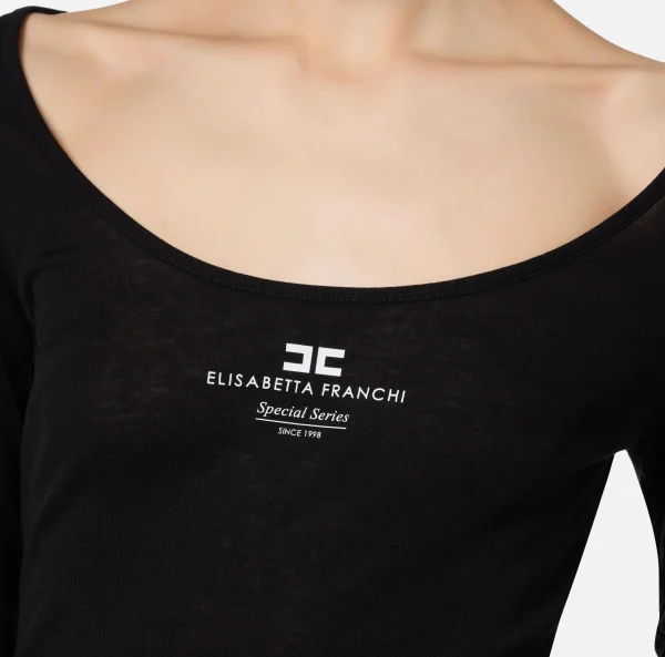 Elisabetta Franchi Top, T-Shirt & Body^Maglia in jersey e lana con logo Nero