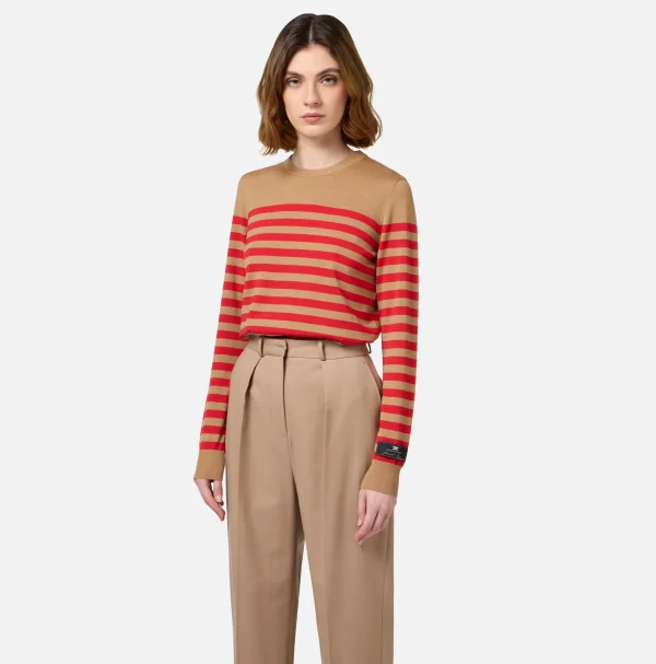 Elisabetta Franchi Maglieria E Felpe^Maglia in lana a righe Camel/RedPassion