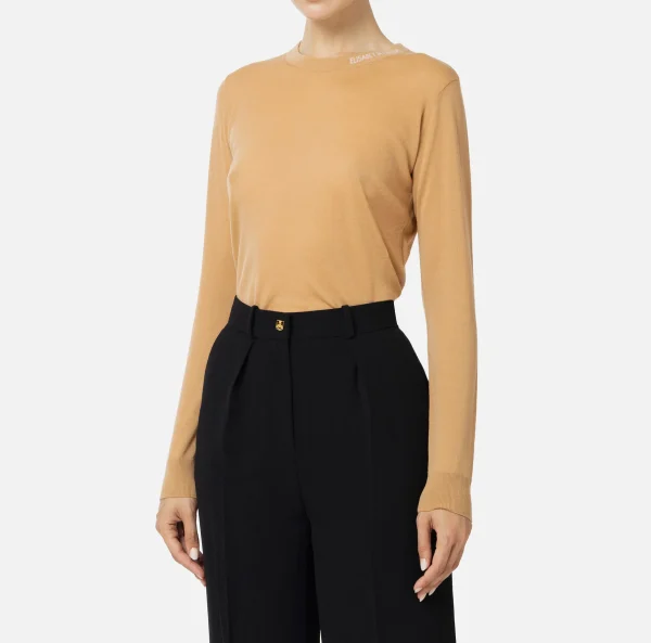Elisabetta Franchi Maglieria E Felpe^Maglia in lana merino con logo jacquard in contrasto Bronze
