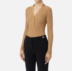 Elisabetta Franchi Maglieria E Felpe^Maglia in viscosa a coste con bottoniera Camel